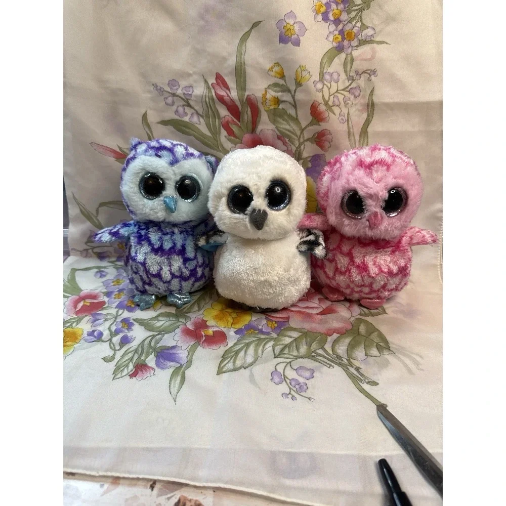Ty Beanie Boo‎ Owl Trio-Pink,White,Purple sparkle, plush, stuffed animals, Lot